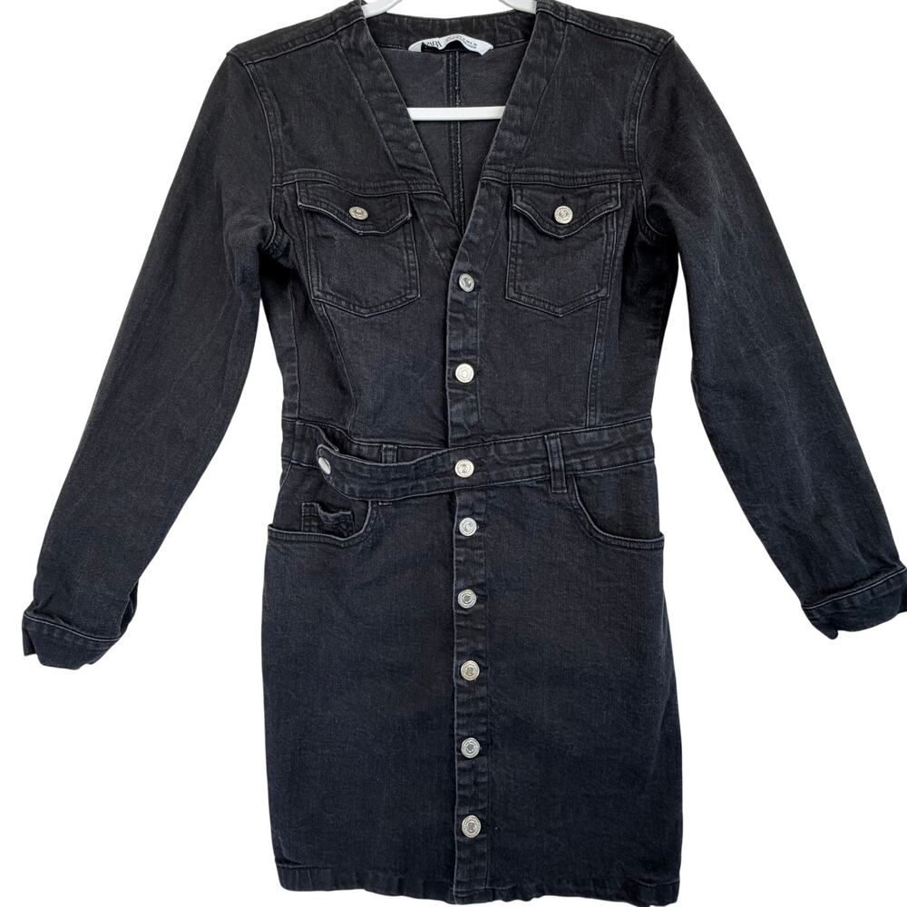 Zara Long Sleeve Button Front Mini Dress Womens Size M Black‎ Washed Denim